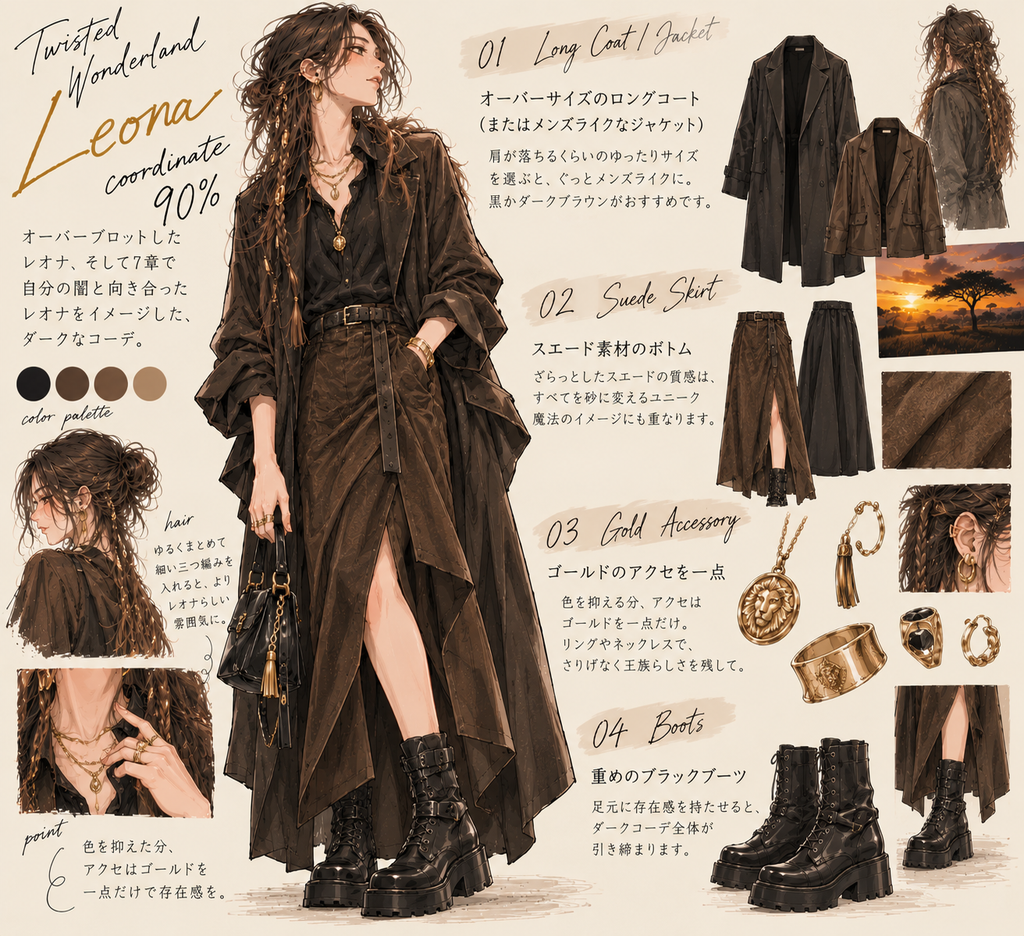 オバブロレオナの概念コーデ例:黒のオーバーサイズロングコートに黒シャツ、ブラウンのスエードロングスカートと重めの黒ブーツを合わせたダークなコーデ。ゴールドのアクセを一点、細い三つ編みのヘアアレンジ