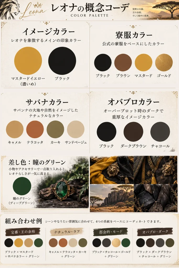 レオナの概念コーデのカラーパレット:イメージカラーのマスタードイエローとブラック、寮服カラー、サバナカラー、オバブロカラー、差し色の瞳のグリーンと、4つの組み合わせ例